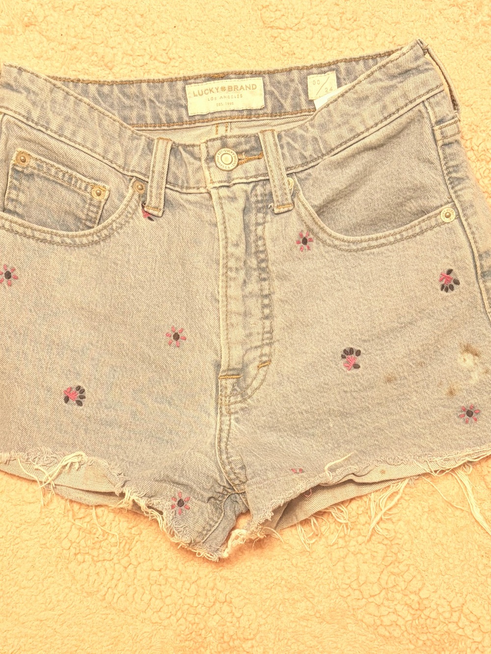 Lucky Brand Light Blue Denim Shorts with Pink & Black Floral Embroidery